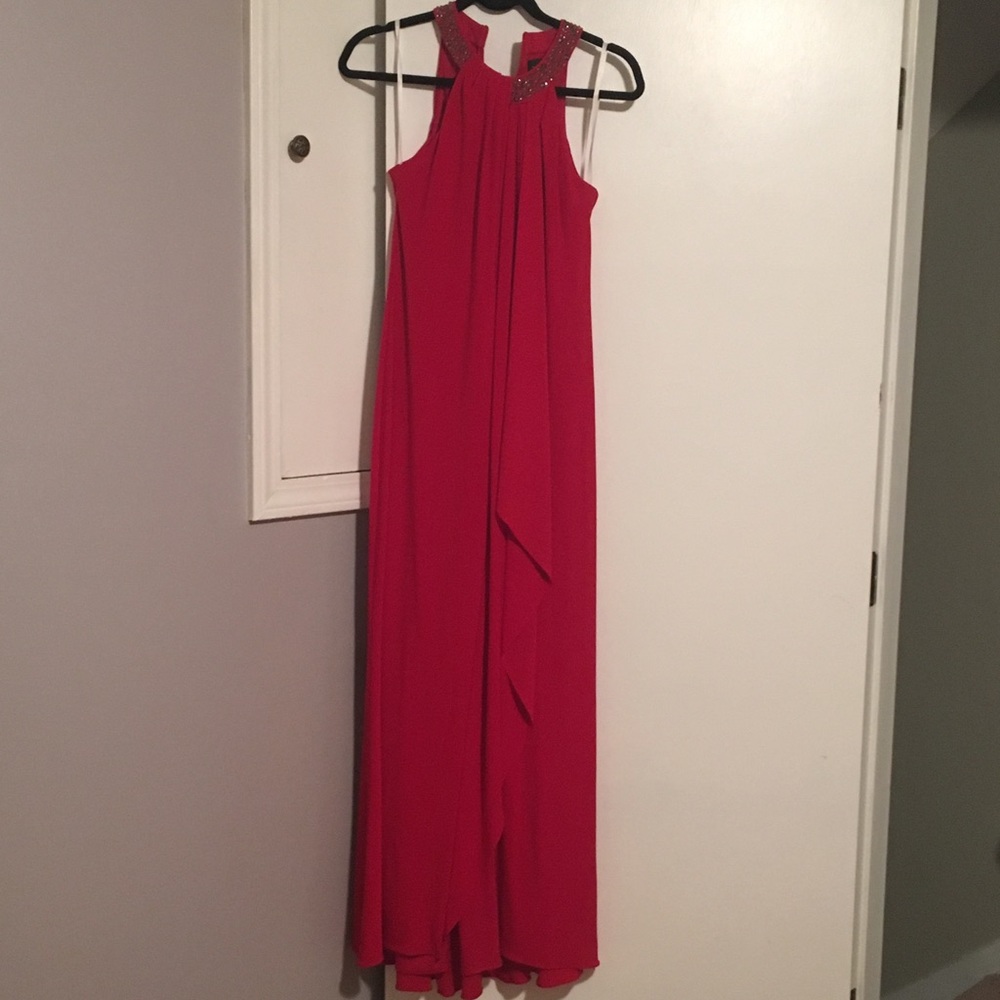 Long red slitted XScape dress. Worn once. Size 6